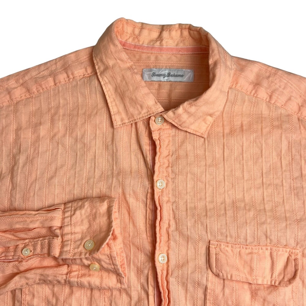 Tommy‎ Bahama Mens Peach Orange Linen Blend Long Sleeve Button Up Shirt Large